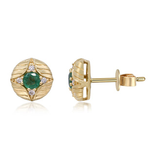 Emerald Halo Carved Dome Earrings with Emeralds & Diamonds
